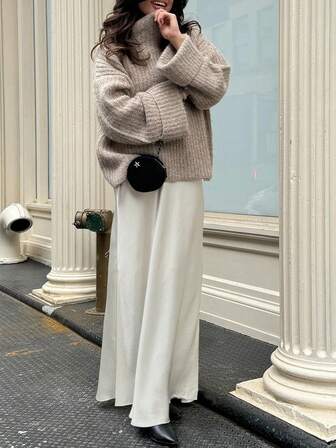 Falda de satén de unicolor y alto brillo VIVINA para mujer, versátil para exteriores, fiestas, estilo callejero, vacaciones, aeropuerto, casual, diario, escuela, viajes, citas