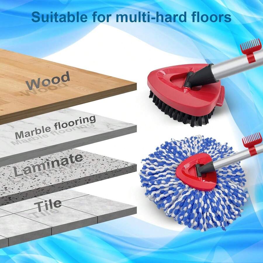 Spin Mop Head And Brush Replacement Compatible With O Cedar RinseClean 2-Tank System, 4 Mop Replace Heads, 1 Handle, 1 Base And 1 Scrub Brush Combo Set,7658754 - 藍色 - 查看 1