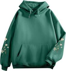 Women's Floral Printed Hoodies Vintage Aesthetic Flower Graphic Sweatshirt Cute Boho Fleece Thermal Hoodie Pullover - màu xanh lá - Xem 2