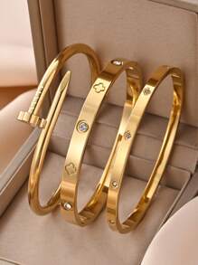 4pcs/3pcs/1pc 18K Gold Stainless Steel Bracelet, Luxurious & Elegant Jewelry, European & American Style, Suitable For Women, Festivals, Parties, Street Style, Banquets, Music Festivals, Gifts, Summer Beach Parties