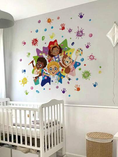 2 件/套 30*90 厘米 PVC 墙贴，彩色手印，涂鸦卡通 DIY 墙贴，适用于卧室、客厅、书房、家居墙壁装饰