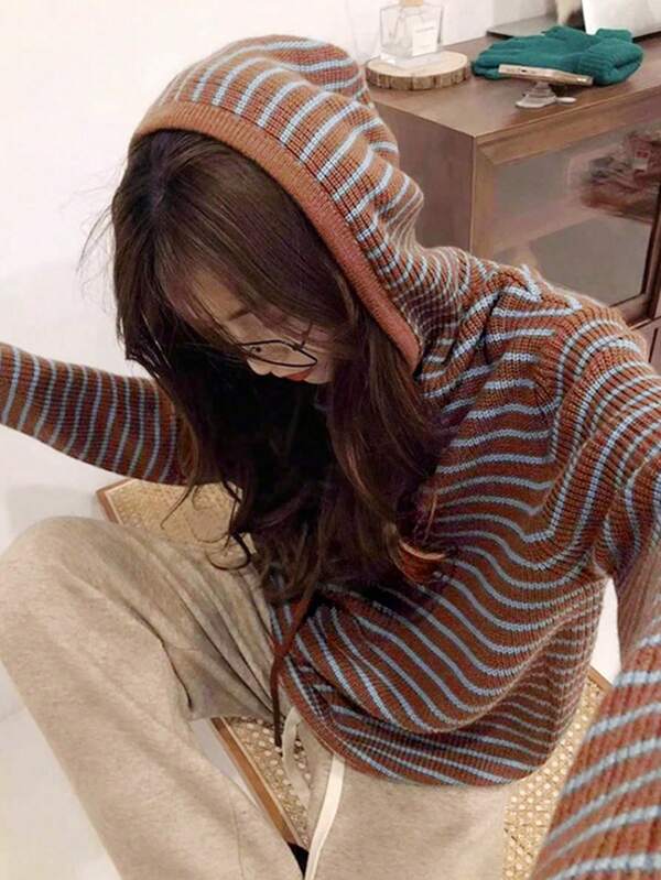 2025 Autumn/Winter Striped Print Casual Drawstring Hooded Long Sleeve Top