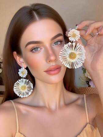 2pcs/Stylish Exaggerated Flower Earrings/Big Daisy Shape/3D Woven Design/Metal - Textured Earrings/Personalized Vacation - Style Accessories/Daily Wear Jewelry For Women/Suitable For Parties, Gatherings And Shopping/Western - Style Drop Earrings
