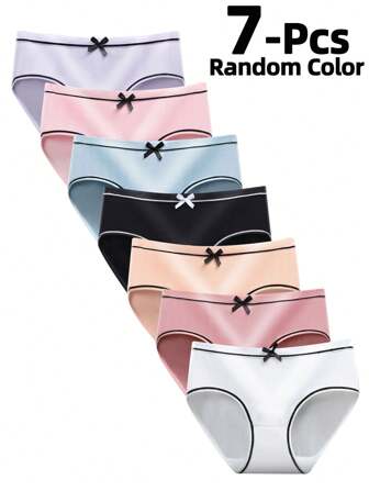 7pcs Random Color Teens' Simple Style Polyester Panties, Bow Decor Waist Hipster Briefs For Girls