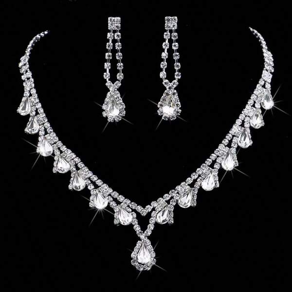 3 pièces/ensemble Élégant ensemble de bijoux avec strass en forme de goutte d'eau pour femmes, collier et boucles d'oreilles pour mariage/anniversaire/soirée, cadeau quotidien