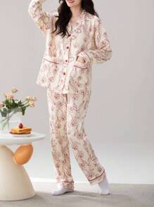 2pcs Women's V-Neck Long Sleeve Top And Pants Sleepwear Pajama Set, Skin-Friendly Homewear, Spring & Autumn, Fall Winter Clothes
