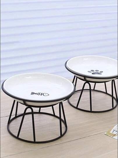 Elevated Ceramic Pet Bowls - Cat Paw & Fishbone Design 2 Pieces Set With Stand, Non-Slip Raised Feeder For Neck Strain Relief, Dishwasher Friendly Cat/Dog Dishes, Perfect Gift For Owners/Puppy Parents/Vets, Great For Adoption Day & Christmas