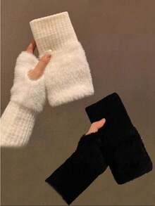1 Pair Women's Solid Color Warm Fingerless White Gloves, Knit Wrist Warmers, For Fall/Winter, Versatile For Office, School, Writing