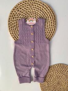 Ema Button Knit Set Girl Bodysuit Overalls Baby Romper - 紫丁香色 - 查看 4