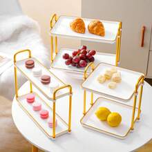 1pc Dual Handle Square 2-Tier Tray - Heavy Duty Plastic Double Layer Cake Stand With Bottom Shelf And Top Display Rack, Suitable For Weddings, Parties, Desserts, Tea/Coffee Service - Elegant Home, Kitchen, Buffet Cart (Gold)