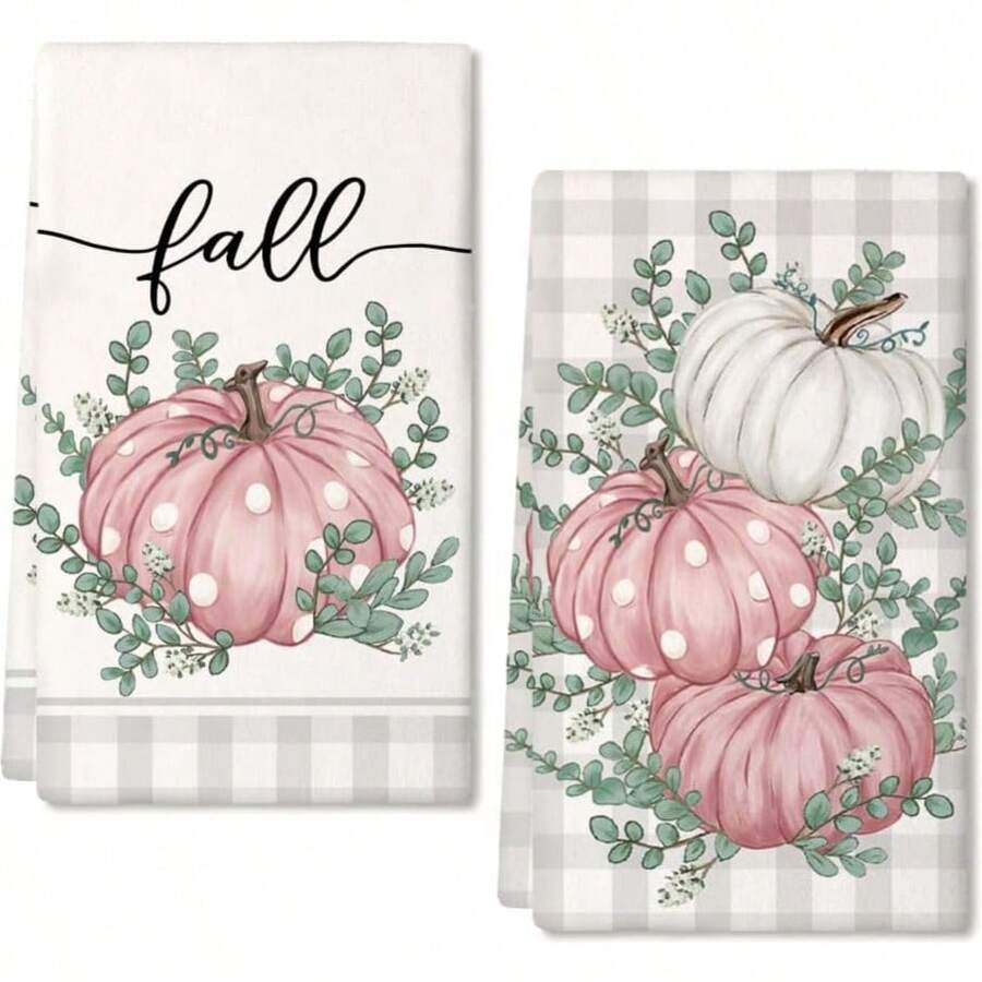 2 件秋季家居装饰-粉色南瓜厨房洗碗巾 40*60 厘米，柔软、舒适、耐用，用于万圣节和感恩节收获期间的复古装饰。