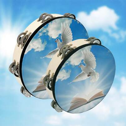 Blue Sky Peace Double Layer Hand Tambourine 8/10 Inch Hand Shake Tambourine Percussion Instrument Dance Hand Clap Drum Bible Pattern