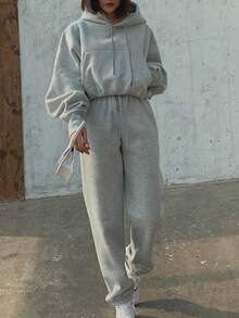 Damen Herbst Winter Hoodies Anzug Solid Lässig Warm Fleece 2 Stücke Set Trainingsanzug Pullover Jogginghose