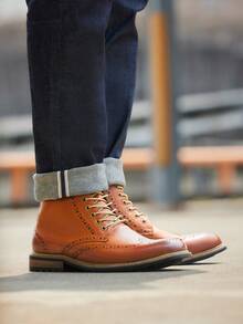 Men's Ankle Boot, Faux Leather, Cap Toe, Lace-Up, Zipper Closure, 1" Heel, Synthetic Sole, Business, Water Resistant - Brown - View 3