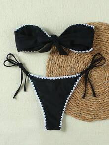情人节夏季新品：时尚优雅黑白撞色缝线蕾丝边性感挂脖沙滩度假约会比基尼套装 - 黑色 - 查看 3