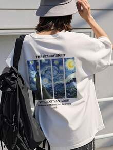 1 件白色星空印花短袖 T 恤，适合青少年女孩、年轻学生和 10-19 岁女孩