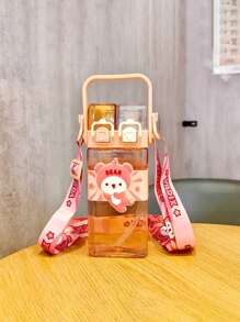 1 pieza Taza de agua de 520ml con pajita para bebés y niños, taza de plástico doble con correa para transportar para niños de escuela primaria, a prueba de caídas, para jardín de infantes, escuela y uso al aire libre