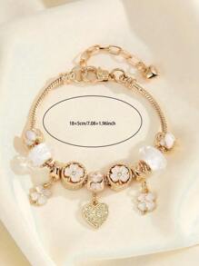 1pc Versatile Minimalist Adjustable Bracelet With Hollow Heart, Four-Leaf Clover And Pink Flower Pendant, Fashion Daily Wear Girl Bracelet - one-size - View 2