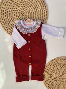 Ema Button Knit Set Girl Bodysuit Overalls Baby Romper - 紫紅色 - 查看 1