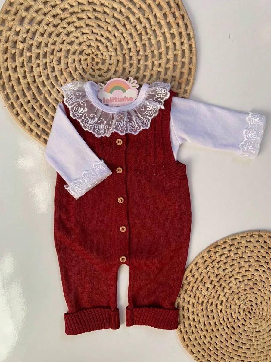 Ema Button Knit Set Girl Bodysuit Overalls Baby Romper - 紫紅色 - 查看 1