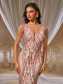 GIFORU Váy đuôi cá đính đá hình học vàng hồng sang trọng - Váy dạ hội thêu pha lê cổ chữ V sâu một vai dành cho tiệc cưới lớn, buổi ra mắt Opera và tiệc kỷ niệm Váy trắng Váy sang trọng cho năm mới Váy dự tiệc Váy tốt nghiệp dài thanh lịch Váy lấp lánh - Màu Hồng  San hô - Xem 2