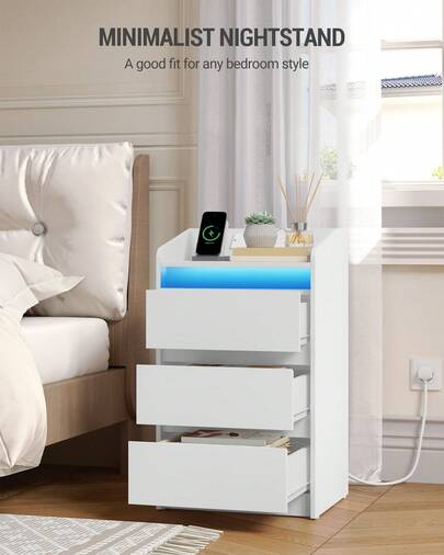 HEXCELEN Bedside Table With 3 Drawers, Bedside Cabinet, Side Table With Charging Station And LED, 2 AC And 2 USB Ports, Nightstand For Bedroom, Living Room, End Tables, White