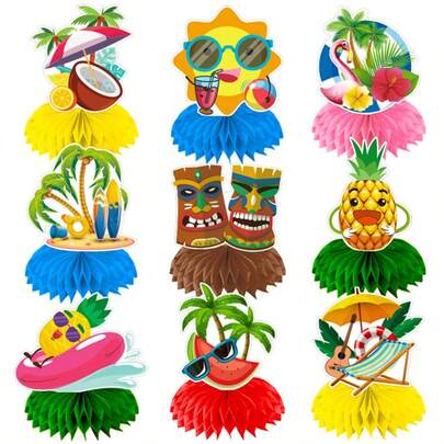 9 Pieces Hawaiian Centerpieces Luau Honeycomb Centerpieces For Tables Hawaii Luau Party Decorations Tropical Pineapple Centerpieces For Party Supplies Cakes Toppers