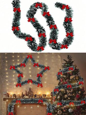 2pcs-78.74inch Christmas Tinsel Garland Artificial Christmas Garland Xmas Metallic Twist Hanging Garland Fireplace Mantel Wreath Decor For Staircase Railing Indoor Outdoor Ornaments With Nine Bows(Bow Style),Christmas Tinsel Garland,Dark Green Frost Tip Metallic Garland With 9pcs Red Bows,Holiday Wedding Party Supplies