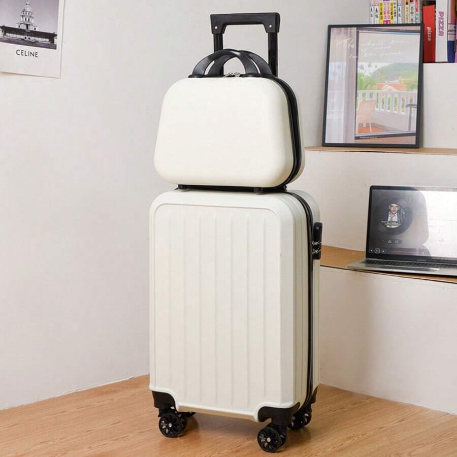 2pcs Minimalist Solid Color Luggage Case Set, Hard Shell Zipper Trolley Case With Square Small Makeup Handbag For Travel Use - White - View 1