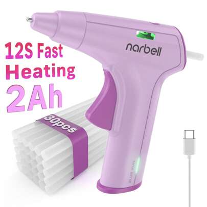 Narbell مسدس غراء لاسلكي 4 فولت ، مسدس غراء سريع التسخين في 12 ثانية ، قابل للشحن بمنفذ USB-C مع بطارية 2000 مللي أمبير ، أعواد غراء بقطر 7 مم * 30 سم ، إيقاف تلقائي ، مناسب لمشاريع الفن والحرف والإصلاح