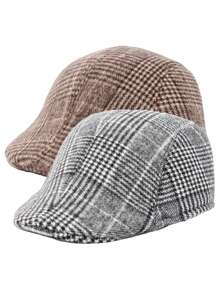 2pcs Men's Hat Set, Striped Plaid Patchwork Beret Vintage British Style Casual Fashion Versatile Newsboy Cap, Suitable For Outdoor Sports, Commuting, Shopping, Vacation, Unisex, Autumn
