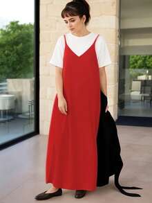 Vestido de Corte Holgado Estilo Japones de Tirantes para mujer - Rojo - Ver 2