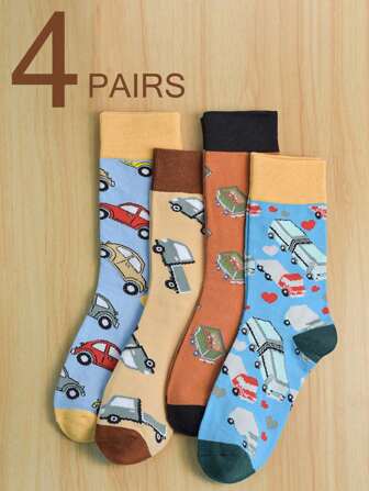 4 Paar Herren Socken mit Cartoon Auto Muster, bequem und weich, Knöchellang, vielseitig für alle Jahreszeiten
