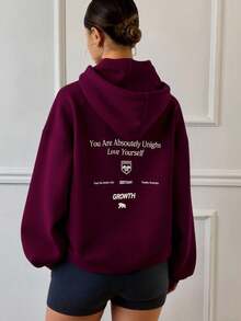 Livesso 女式长款连帽衫，背部印花，长袖上衣，秋季女装运动衫 - 酒紅色 - 查看 4