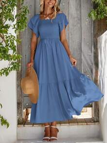 Women's Summer Casual Dresses Square Neck Ruffle Short Sleeve High Waist A-Line Wedding Dresses - 藍色 - 查看 4