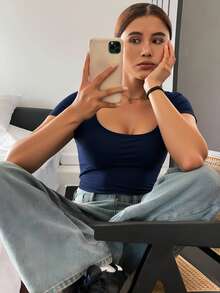 Livesso Women Short Sleeve Top With Tight Fit And Large Round Neckline Summer,Crop Tops Women - Navy Blue - View 3