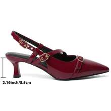 Mostrin Slingback Kitten Heels For Women Low Heel Closed Pointed Toe Pumps Buckle Strap Dress Shoes For Daily Working Wedding - Màu Đỏ Sâu - Xem 2