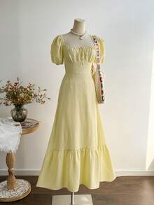 Rusttydustty 年轻女士黄色波西米亚高开衩短袖连衣裙，度假风 - 黃色 - 查看 2