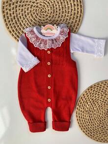 Ema Button Knit Set Girl Bodysuit Overalls Baby Romper - Merah - View 1