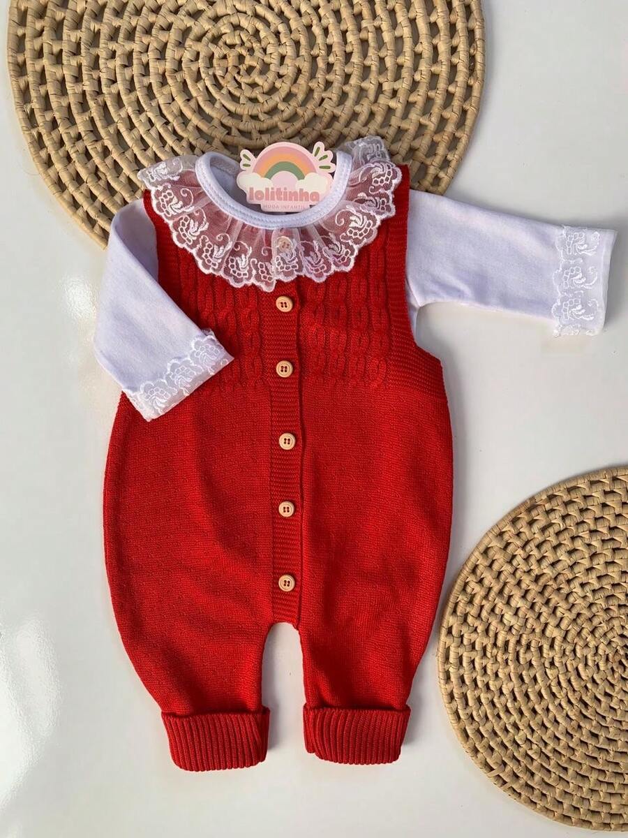 Ema Button Knit Set Girl Bodysuit Overalls Baby Romper - Merah - View 1