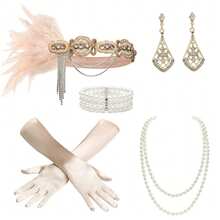 1920s Flapper Lady Full Set! Feather & Rhinestone Headband + Geometric Rhinestone Earrings + Faux Pearl Necklace + White Gloves, Immersive Retro Jazz Party Glamour Halloween