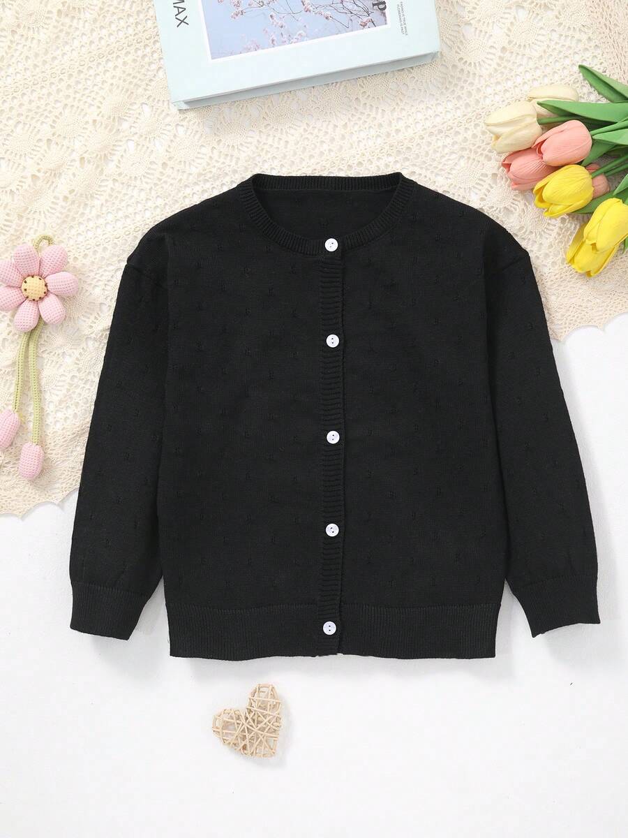 Girls' Solid Color Knit Cardigan, Elegant Hollow Pattern Design, Versatile For Home, Outings Or Eid Al-Adha Gift - Black - View 1