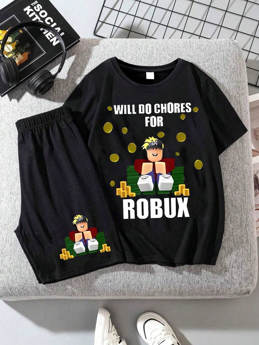 2pcs Set Tween Boy Game Letter & Character Outfit Set, Comfortable Fabric, Summer Game Party Style