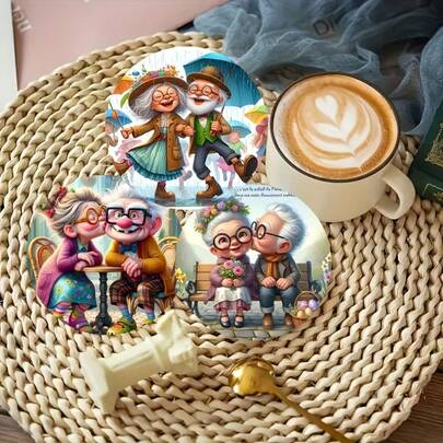 6件套木质杯垫，3.94英寸幸福情侣图案，木底耐热桌垫，适用于办公室、咖啡厅、节日派对装饰，适合圣诞节、情人节、感恩节、父亲节和母亲节的礼物