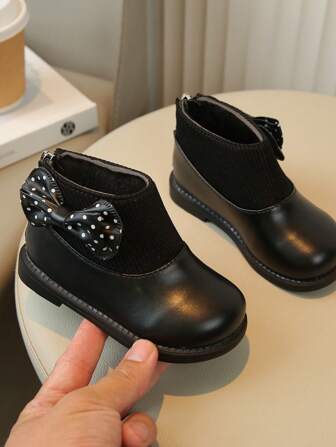 1 Pair Baby Girl Leather Boots, Warm & Vintage, Thick Lace-Up Short Boots With Bow, Suitable For Autumn/Winter