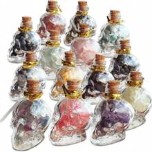 1/2/4/6 件水晶和迷你疗愈石，带骷髅咒语罐 - 水晶脉轮石可爱玻璃瓶 - 疗愈水晶