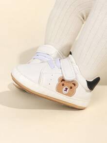 1 Paar Baby Jungen Cartoon Bär Stickerei PU Klettverschluss Design süße lässige Sneaker rutschfeste weiche Sohle Krabbel Schuhe, geeignet für Frühling/Herbst (0-12 Monate)