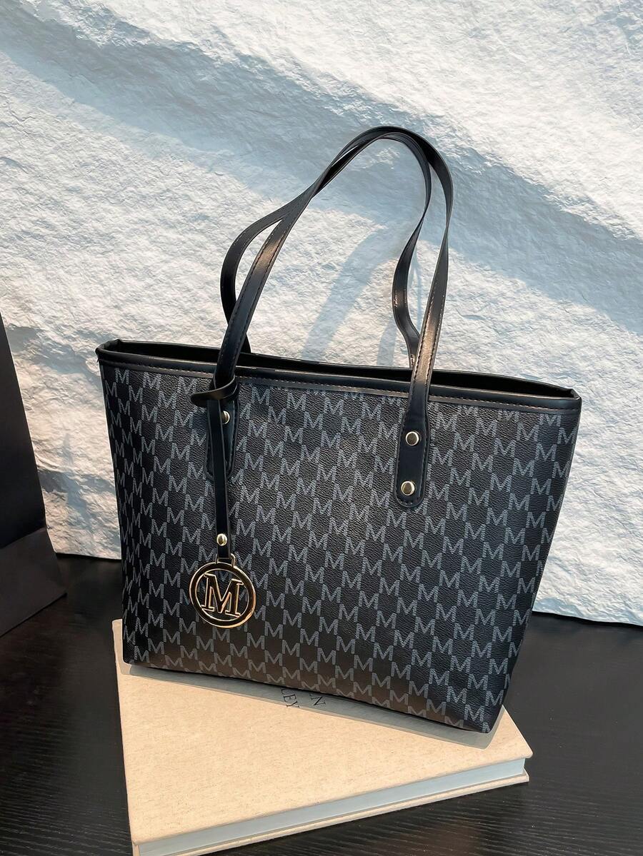 EMERY ROSE 1 件白色复古花卉字母装饰金属五金 PU 手提包,大容量女士单肩包(金属吊坠左/右随机,不固定) - 黑色 - 查看 1