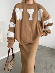 Button Detailed Skirt Set, Solid Color Casual Split Ribbed Button Co-Ord Set For Home Wear - Camel - View 2