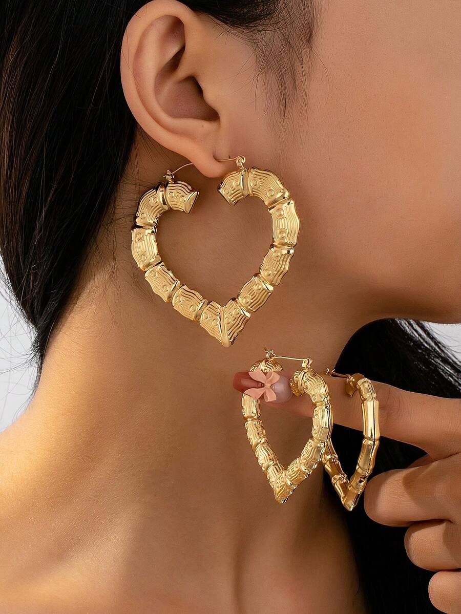 1-6 Đôi Hoa tai kim loại hình trái tim bằng tre dành cho nữ, Trang sức thời trang - Yêu tiền - Xem 1